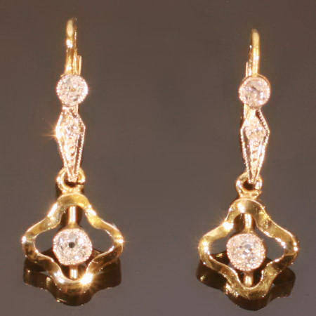 Yellow gold vintage earrings with old mine brilliant cut diamonds